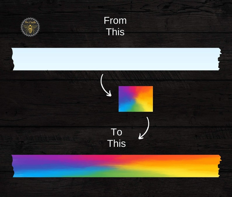 May include: A white washi tape with a rainbow gradient design. The tape is shown on a dark wood background. From This to This.