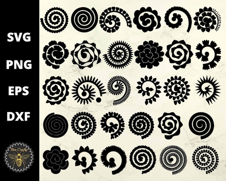 Op de afbeelding: Zwarte bloemen- en spiraalontwerpen in SVG-, PNG-, EPS- en DXF-formaten. De afbeelding toont diverse zwarte bloemen- en spiraalpatronen, ideaal voor knutselprojecten. De tekst "SVG, PNG, EPS, DXF" is zichtbaar. Het Bee Crafty logo staat linksonder.