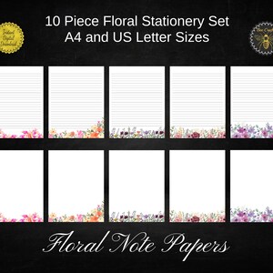 Set di cancelleria da 10 pezzi / Carta da lettera floreale / Carta per appunti floreale / Mix di rose, fiori ad acquerello, peonie e fiori di campo