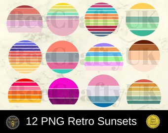 May include: Twelve digital clipart images of retro sunset designs. Each design features a half-circle with a striped pattern in various colors, including red, orange, yellow, green, blue, purple, and pink.