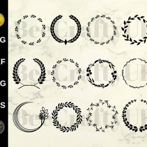 Puede incluir: Conjunto de 12 archivos de corte SVG de corona en blanco y negro. Las coronas están hechas de hojas y ramas. Las coronas son perfectas para agregar un toque de elegancia a tus proyectos.