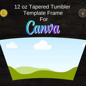 Op de afbeelding: Een sjabloonframe voor een 12 oz conische tumbler, ontworpen voor gebruik met Canva. Het frame heeft een blauwe lucht met witte wolken en een groene grasheuvel.