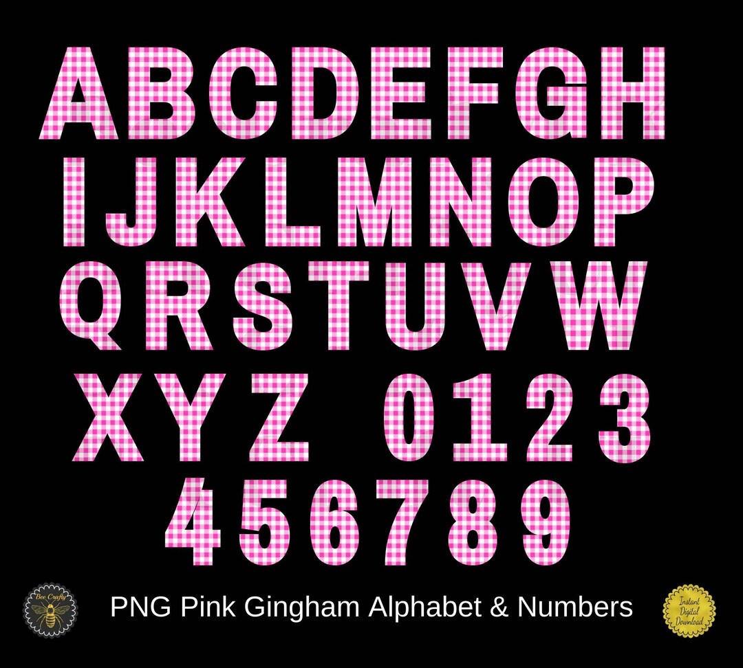 Pink White Gingham Letters & Numbers Plaid Alphabet AZ Numbers 09