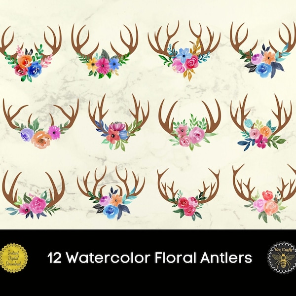 12 Watercolor Floral Antlers | Flower Stag Deer Horn Design Elements | PNG For Sublimation or Print | Commercial Use | Instant Download