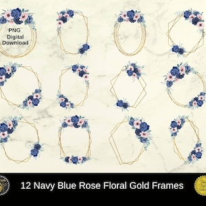 12 Navy Blue Rose Floral Geometrische Polygon Rahmen | Gold & Blumen Clipart Rahmen | Design Elemente | 12 PNG Bilderrahmen | Sofort Download