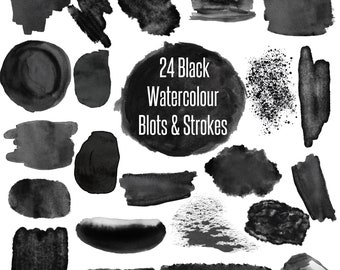 Pinceles de acuarela negra / salpicaduras manchas blobs trazos elementos de diseño gráfico / muestras de 24 PNG / clipart negro / descarga instantánea