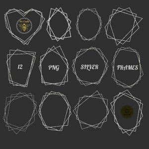 Silver Glitter Geometric Polygonal Frames | Geometrical Clip Art Frames | Design Element Frames | 12 PNG Frames |  Instant Download