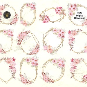 12 roze bloemen geometrische veelhoekige gouden frames | Roze Bloemen Clipart Frames | Flora Frame Design Elementen | 12 PNG-frames | Commercieel gebruik