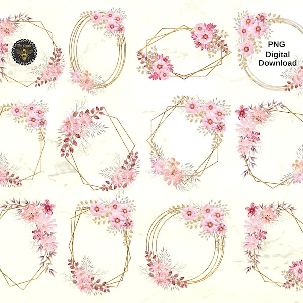 12 Pink Floral Geometric Polygonal Gold Frames | Pink Flowers Clipart Frames | Flora Frame Design Elements | 12 PNG Frames | Commercial Use