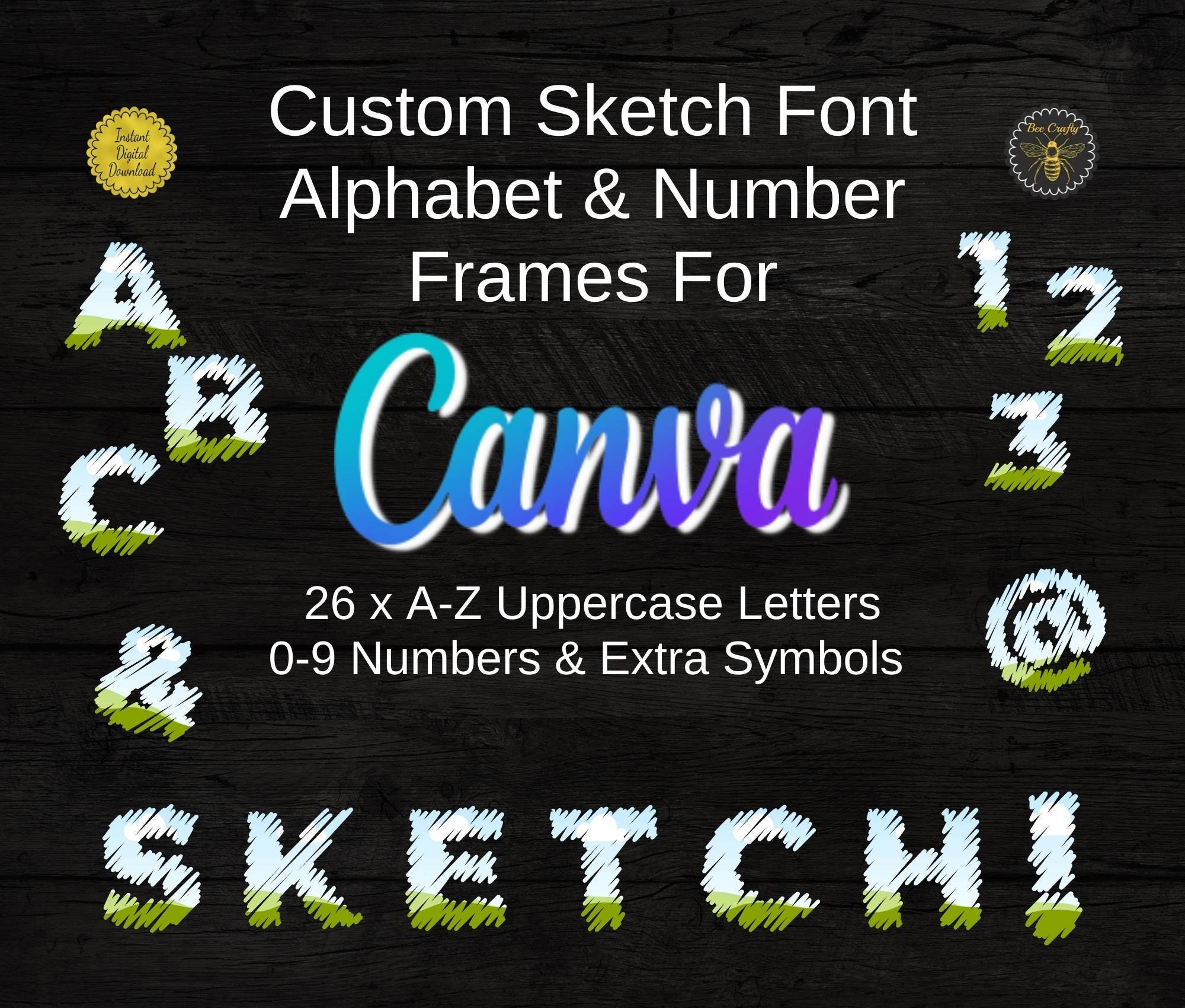 Custom Canva Letter Number Alphabet Frames | Drag and Drop Editable Canva Frame, Chalk Sketch Font Template | Fill On Canva, Commercial Use