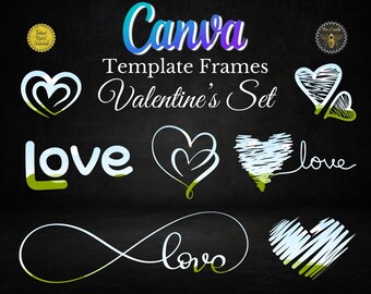 May include: A set of Valentine's Day themed graphic design elements featuring hearts, infinity symbols, and the word "love" in various styles. The elements are drawn in white on a black chalkboard background.