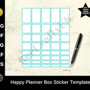 May include: A printable template for creating planner box stickers. The template features a grid of 20 blank boxes with light blue borders. The text "Happy Planner Box Sticker Template" is at the bottom of the image.