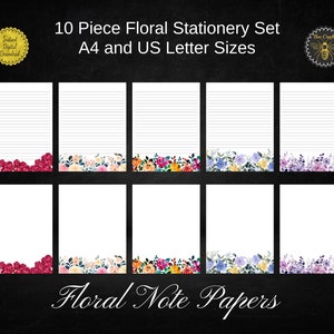 Set di cancelleria da 10 pezzi/Carta da lettera floreale/Carta per appunti floreale/Rose in rosa, limone, bordeaux/Fiori ad acquerello/Fiori di campo