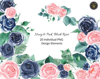 Watercolour Navy Blue & Blush Pink Roses Clipart | Rose Flowers Foliage Greenery Design Elements | 20 PNG Files |  Instant Download