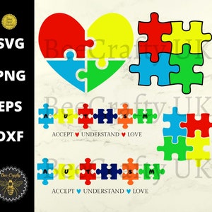 Autism Awareness Puzzle Pieces SVG Bundle / Autism Puzzle Heart Logos / svg png eps dxf pdf Cut Files / Instant Download / Uso comercial