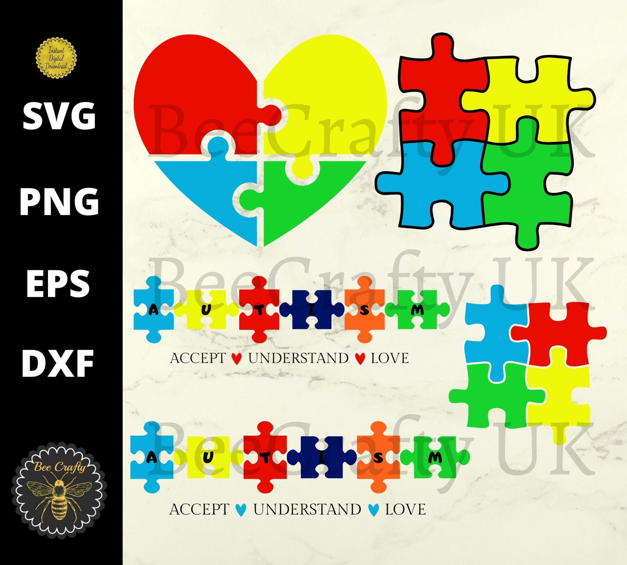 Autism Awareness Puzzle Pieces SVG Bundle | Autism Puzzle Heart Logos | svg png eps dxf pdf Cut Files | Instant Download | Commercial Use