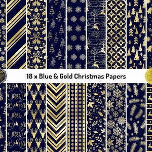Carte di Natale blu e oro / Lamina d'oro e sfondi blu / Motivi natalizi blu navy oro, carta da scrapbook stampabile / uso commerciale
