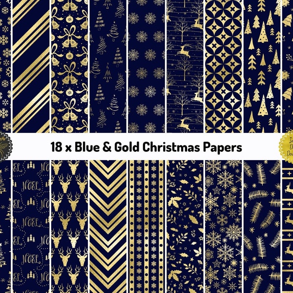 Papiers de Noël bleus et or | Feuille d’or et fonds bleus | Motifs de Noël bleu marine dorés, papier scrapbook imprimable| Utilisation commerciale