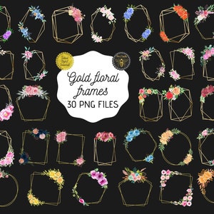 Cadres polygonaux géométriques floraux en or | Roses Fleurs Clipart Couronne Cadre | Éléments de design floral | 30 images PNG |  Téléchargement instantané