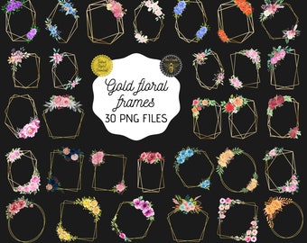 Cadres polygonaux géométriques floraux en or | Roses Fleurs Clipart Couronne Cadre | Éléments de design floral | 30 images PNG |  Téléchargement instantané