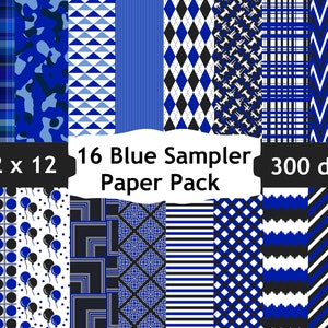 Royal Blue Digitaal Papierpakket | Mixed Pattern Scrapbooking Papers | Blauw, Zwart&Wit | 12 x 12 inch | 16 artikelen | Direct downloaden