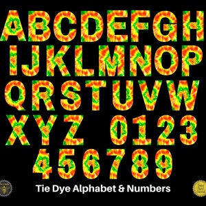 Tie Dye Letters & Numbers | Colourful Bright Alphabet Design Elements | PNG For Sublimation or Print | Commercial Use | Instant Download