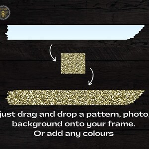 May include: A digital design template with a light blue rectangle and a gold glitter rectangle. The text reads "just drag and drop a pattern, photo, background onto your frame. Or add any colours"