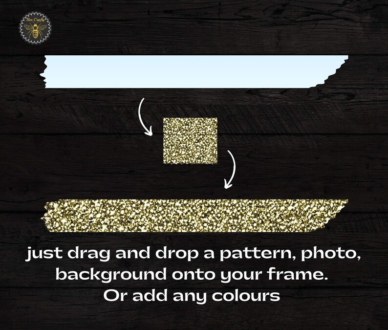 May include: A digital design template with a light blue rectangle and a gold glitter rectangle. The text reads "just drag and drop a pattern, photo, background onto your frame. Or add any colours"