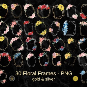 Floral Geometrische Polygoon Frames | Zilveren en Gouden Bloem Clipart Monogram Frame | Floral Design Elementen | 30 PNG-frames |  Direct downloaden