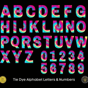 Tie Dye Letras y números / Elementos de diseño de alfabetos brillantes y coloridos / PNG para sublimación o impresión / Uso comercial / Descarga instantánea