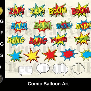 Comic Ballon Bubble Art & Wörter Bündel | Kapow Boom Bang Bam Zap Wham | Comic Buch Clipart Elemente | svg eps dxf png ai | Kommerzielle Nutzung
