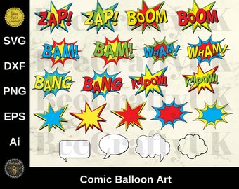 Comic Balloon Bubble Art & Words Bundle | Kapow Boom Bang Bam Zap Wham | Comic Book Clipart Elements | svg eps dxf png ai | Commercial Use