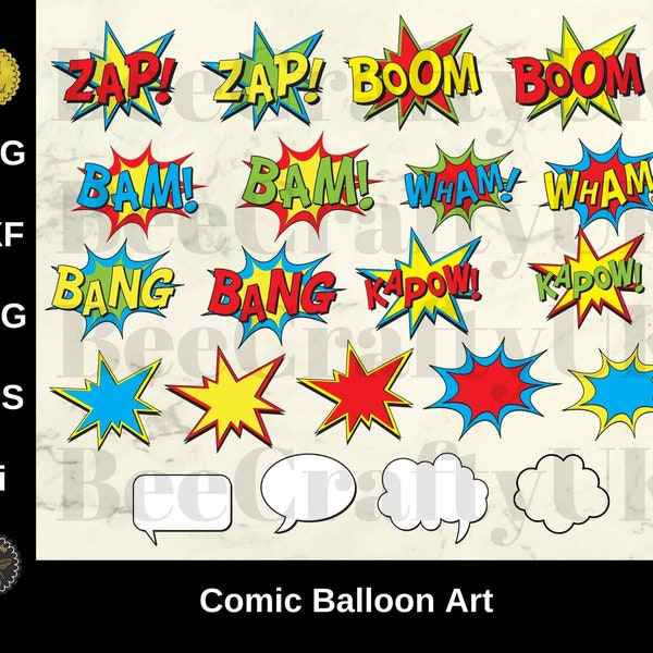 Comic Balloon Bubble Art & Words Bundle | Kapow Boom Bang Bam Zap Wham | Comic Book Clipart Elements | svg eps dxf png ai | Commercial Use