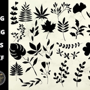 May include: A set of 20 black silhouette images of various leaves and plants. The images are ideal for crafting, scrapbooking, and other creative projects.