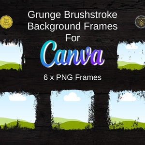 May include: Six digital brushstroke background frames for Canva. The frames are in a grunge style with a blue sky, white clouds, and green grass. The frames are PNG files.