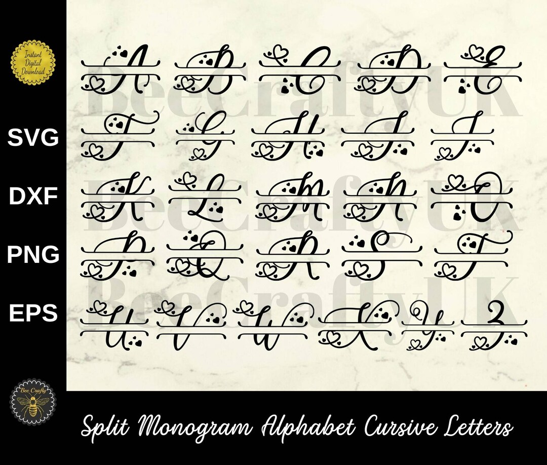 Split Monogram Alphabet Letters Cutfiles Cursive Font - Etsy