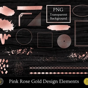 Pink Rose Design Elements | Rose Gold Metallic Clipart | Pink Foil, Circle Frame, Brush Strokes Splashes Backgrounds. Dust Sparkles, Borders