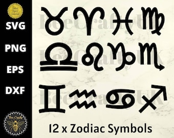 Może przedstawiać: Czarne symbole zodiaku na kremowym tle. Obraz zawiera tekst "SVG, PNG, EPS, DXF" i "12 x Zodiac Symbols". Złota odznaka z pszczołą znajduje się w lewym dolnym rogu.
