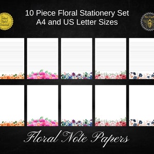 Set di cancelleria da 10 pezzi / Carta da scrittura floreale / Carta per appunti floreale / Rose rosa bordeaux / Fiori ad acquerello / Fiori di campo dipinti a mano