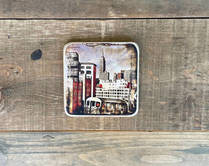 Train 7 - long island city Queen New York City Original Square Photography Hand Crafted on Wood