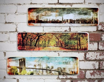 Handgefertigte NYC Fotografie auf Holz: Central Park, Brooklyn Bridge (3er Set)