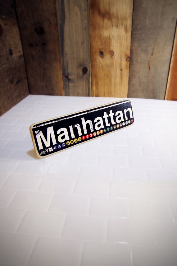 Manhattan New York City Neighborhood Hand Crafted Horizontal Wood Sign - 4x15 in.