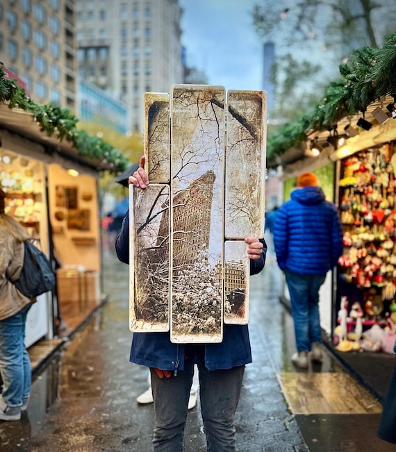 Flatiron Building Wood Sign: NYC Winter Scene, 38x20 inches