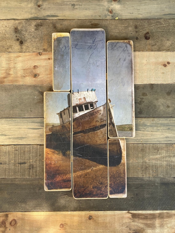 Point Reyes Boat, California, Original vertical Landscape Photography Hand Crafted on Wood - 38x20inches