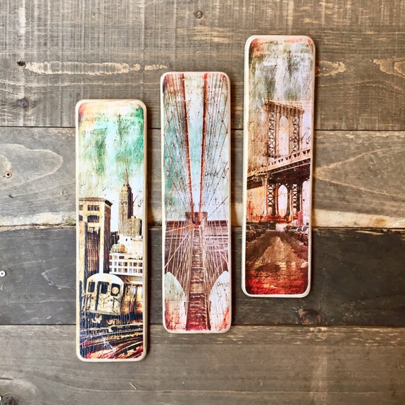 Set of 3 Pieces New York City Original Vertical Landscape Photography Hand Crafted on Wood - 4X15inches