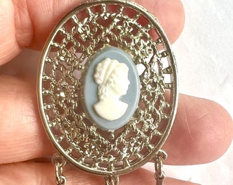 Vintage Cameo Silver Toned Necklace Statement Necklace 1970s