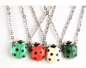 Vintage RARE Ladybug Necklace Lucky Ladybug 1970s Good Luck Bug Jewelry Silver Toned  Marbled Resin