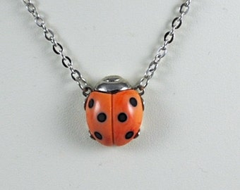 Vintage RARE Ladybug Necklace Lucky Ladybug 1970s Good Luck Bug Jewelry Silver Toned Orange Marbled Resin