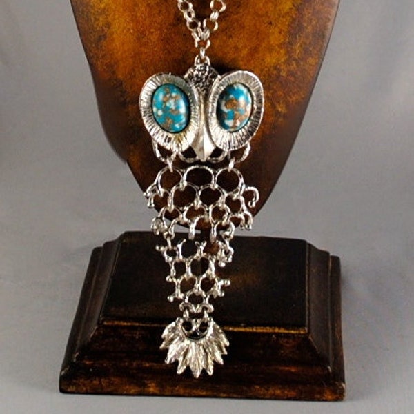 Collier vintage Grand Hibou Articulé aux Yeux Turquoise Chouette Argentée Années 1970