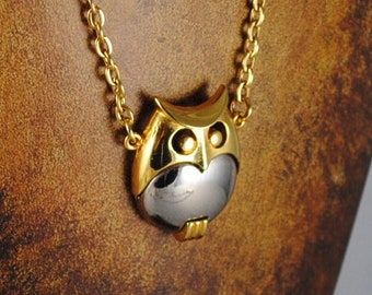 Vintage Owl Necklace Silver and Gold Toned Medium Owl Pendant